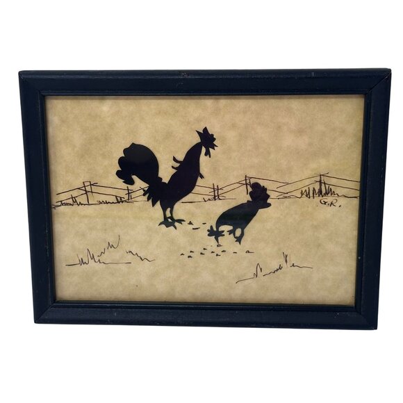 Vintage Rooster Hen Silhouette Farm Art Signed GR Framed Rustic Wall Decor - Picture 9 of 16